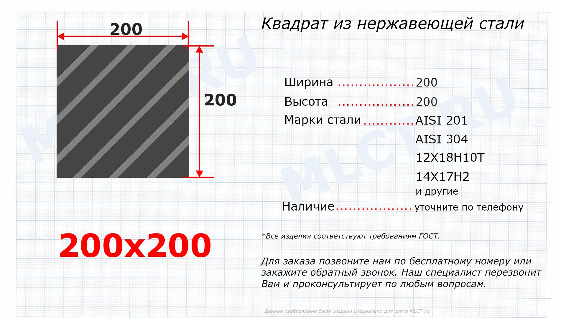 Квадрат нержавеющий 200х200 - чертеж 